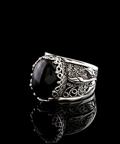 Filigranist 925 Sterling Silver Filigree Art Lace Embroidery Tulip Detailed Gemstone Women Cocktail Ring, Luxurious Gift Boxed - color: Black Onyx