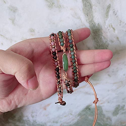 Plumiss Women Boho Handmade Natural Stone Crystal Leather Bead Wrap Bracelets Collection - style: Green Aventurine 3W