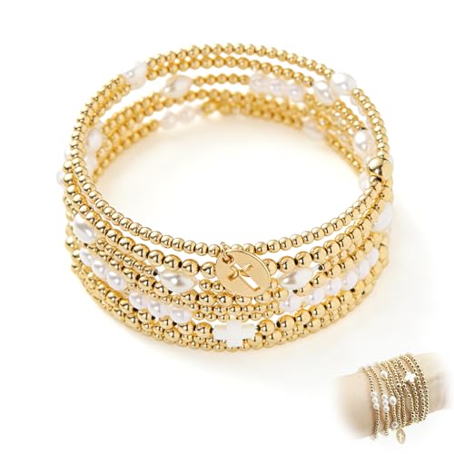 Gold Cross Beaded Bracelets for Women Set, Dainty Gold Plated & Pearl Stackable and Layered Bracelets with Polymer Clay Cross, Stretch Layered Bracelet Stack for Women Girls Trendy Boho Jewelry Gifts