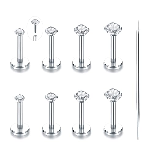 Oveta Threadless Push in Lip Rings 16G/18G/20G Labret Jewelry CZ Lip Studs Stainless Steel Cartilage Earrings for Women Monroe Medusa Piercing Jewelry 6/7/8/10/12mm Bar Length - color: Silver, size: 18G*6mm bar*1.5/2/2.5/3mm cz