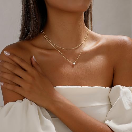 Layered Gold Necklace Set for Women Dainty Waterproof Cute Choker | 14K Gold Plated Minimalist Non Tarnish Lightweight CZ Pendant Pearl Twist Paperclip Chain Jewelry Gifts - style: 2PCS-Dotchain zircon-GD