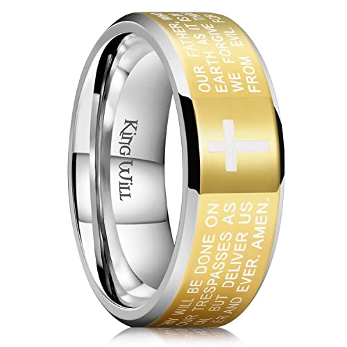 King Will Stainless Steel Men Ring Lord's Prayer Cross Ring Stainless Steel Men Wedding Ring, Wedding Band Bible Engraved Rings High Polished, Comfort Fit | 8mm, Gold/Silver/Black Wedding Band, Bible Engraved Rings, High Polished, Comfort Fit, Size 7-14 -
