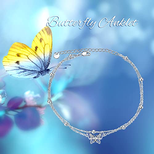 POPLYKE 925 Sterling Silver Double Layered Chain Evil Eye Daisy Sunflower Butterfly Anklets for Women Holiday Beach Crystal Ankle Bracelet Dainty Evil Eye Jewelry - style: Butterfly Anklet