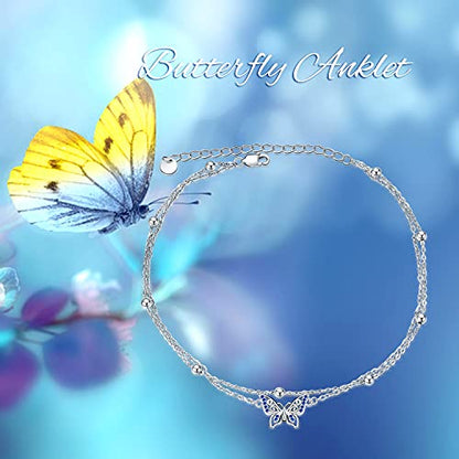 POPLYKE 925 Sterling Silver Double Layered Chain Evil Eye Daisy Sunflower Butterfly Anklets for Women Holiday Beach Crystal Ankle Bracelet Dainty Evil Eye Jewelry - style: Butterfly Anklet