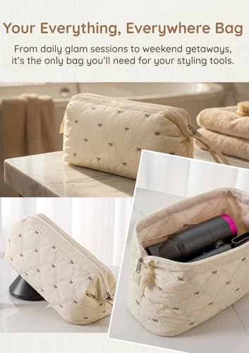TeeYee Nylon Hair Tools Travel Bag for Dyson Airwrap Quilted Toiletry Bag | Travel Storage Bag for Shark Flexstyle/Curling Iron,Water-repellent,Wide-open,Well-structured,Heat-safe lining,001beigebow - color: Beigebow