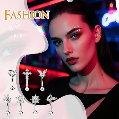 OIDEA 7PCS Eyebrow Piercing Jewelry: 16G Stainless Curved Barbell Eyebrow Ring Vertical Labret Lip Ring Piercing Jewelry - color: silver-1