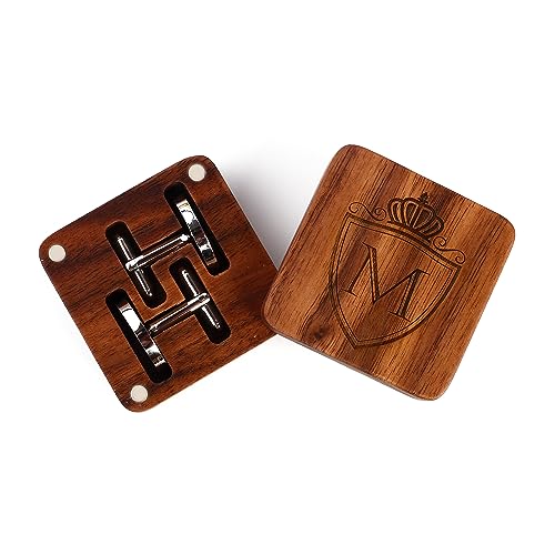 Mens Initial Silver Cufflinks A-Z Alphabet Letter Steel Cuff Links with Engraved Walnut Wood Box Groom Groomsman Wedding Set… - style: M