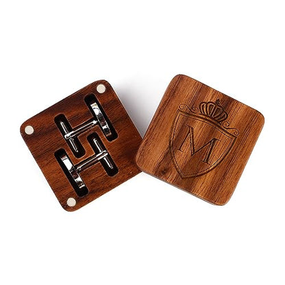 Mens Initial Silver Cufflinks A-Z Alphabet Letter Steel Cuff Links with Engraved Walnut Wood Box Groom Groomsman Wedding Set… - style: M