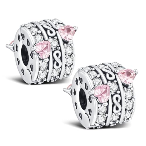 KEQ Clip Spacer Charm for Bracelet 925 Silver Pave Cubic Zirconia Clip Lock Stopper Bead Spacer For Women Bracelets Stopper Birthday Gifts European Openable Beads 2pcs - color: Pink Heart