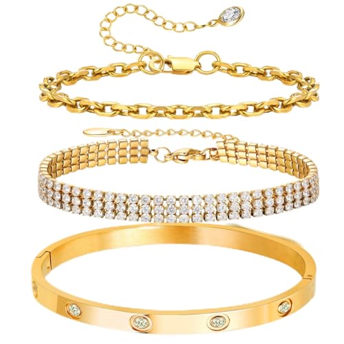 18K Gold Plated Bangle Bracelet Set for women,Cubic Zirconia Classic Stainless Steel Adjustable Gold Tennis Love Bracelets Stack for women and men - color: CZ Love Set