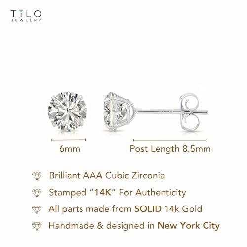 14k White Gold Solitaire Round Cubic Zirconia Stud Earrings with Pushbacks - style: 6mm