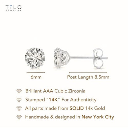 14k White Gold Solitaire Round Cubic Zirconia Stud Earrings with Pushbacks - style: 6mm