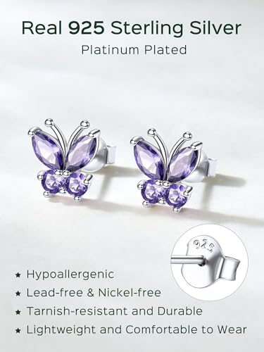 ChicSilver 925 Sterling Silver Bow/Butterfly Earrings for Women Hypoallergenic Birthstone Earrings Dainty Bow/Butterfly Jewelry Gift for Women - color: Butterfly-June-Alexandrite