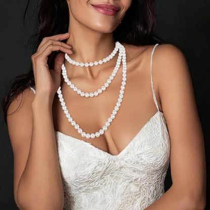 Long Pearl Necklaces for Women Faux Pearl Strand Necklace Statement Beaded Necklaces 1920s Gatsby Costume Jewelry - color: White