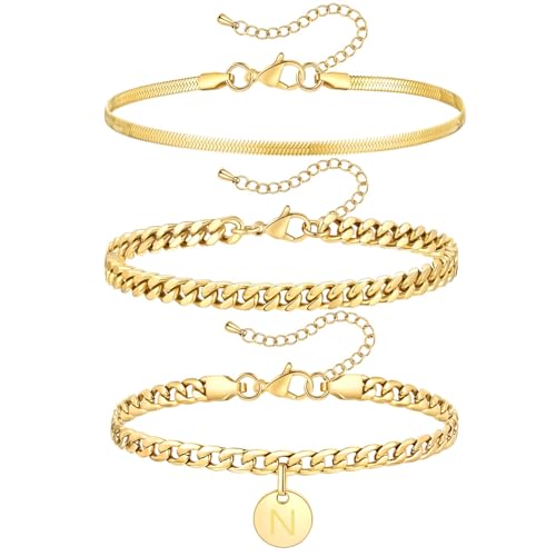 FOSIR Gold Initial Ankle Bracelets for Women, 14k Gold Plated Layered Anklets for Women 3Pcs Waterproof Stainless Steel Cuban Link Herringbone Chain Anklets Set - style: N-gold