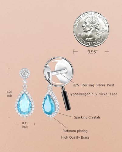 Silver Diamond Dangle Earrings for Women Rhinestone Teardrop Crystal Cubic Zirconia Drop Dangling Wedding Costume Jewelry - color: 03.March-White Gold Plated | Aquamarine
