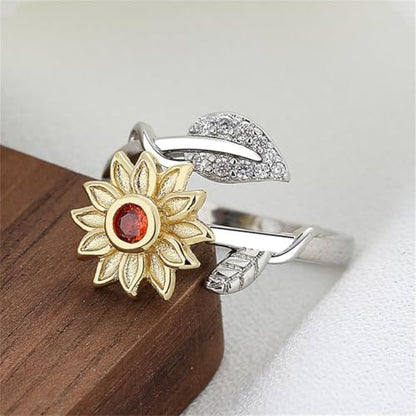 Hebelee Rotatable CZ Sunflower Spinner Ring for Women Fashion Crystal Rotating Flower Stackable Statement Open Wrap Finger Rings Comfort Fit Adjustable Fidget Anxiety Relieving Stress Jewelry - color: Leaf