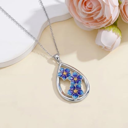 12 Month Birth Flower Necklace for Women 925 Sterling Silver Floral Teardrop Pendant Birthday Jewelry Gifts - color: 07. July Larkspur