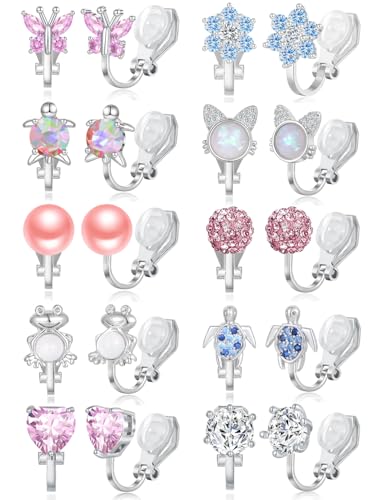 Tornito 10-15 Pairs Clip on Stud Earrings Non Pierced Teardrop Round Square CZ Pearl Twist Knot Flower Butterfly Heart Star Rainbow Cat Opal Clip on Earrings for Women - color: E: 10 Pairs
