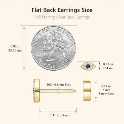 JIAYIQI Minimalist 925 Sterling Silver Stud Earrings Set, 14K Gold Plated Hypoallergenic Tiny Bar Dot Heart Star Studs for Women & Men - style: Gold-Evil Eye-Flatback-1 Pair