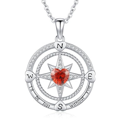 Compass Birthstone Necklace for Women S925 Sterling Silver with Cubic Zirconia - Birthday Jewelry gift for her, Girlfriend, Wife, Mom on Birthday, Anniversary - color: 01 - Garnet