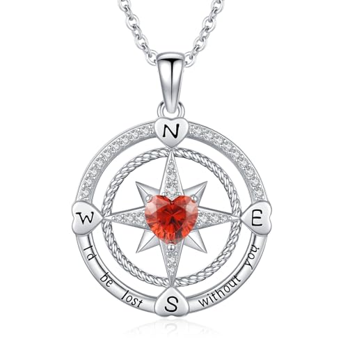 Compass Birthstone Necklace for Women S925 Sterling Silver with Cubic Zirconia - Birthday Jewelry gift for her, Girlfriend, Wife, Mom on Birthday, Anniversary - color: 01 - Garnet