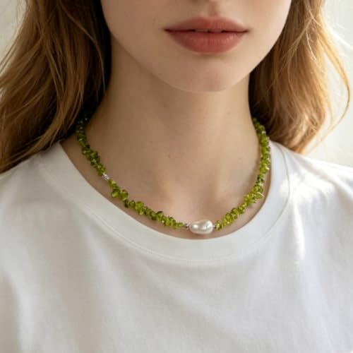 Green Resin Chip Bead Necklace for Women, Faux Baroque Pearl Choker Necklace, Nature Inspired Statement Jewelry for Beach Vacation