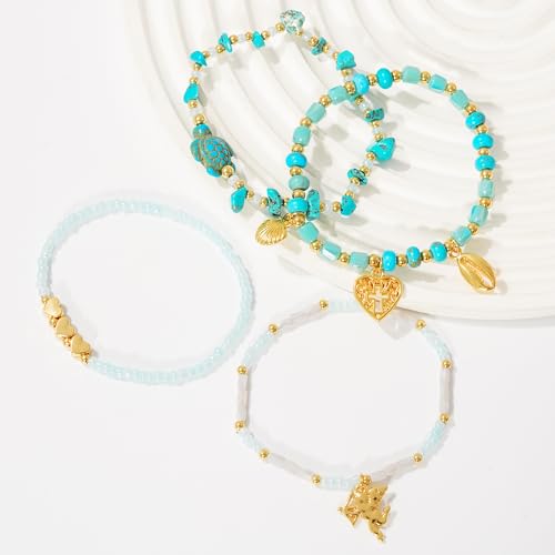 LALAPPLE Shell Bracelet Boho Beaded Stretch Bracelets for Women Seashell Strand Bracelets Starfish Charm Jewelry Summer Beach Jewelry Stackable Crystal Gold Plated Beads Bracelet for Women - style: T-Style7