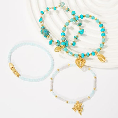LALAPPLE Shell Bracelet Boho Beaded Stretch Bracelets for Women Seashell Strand Bracelets Starfish Charm Jewelry Summer Beach Jewelry Stackable Crystal Gold Plated Beads Bracelet for Women - style: T-Style7
