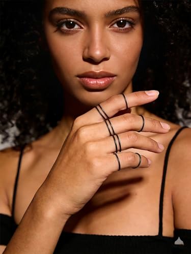FOCALOOK 28 PCS Knuckle Ring Set 1MM Stainless Steel Women's Thin Plain Band Stacking Midi Finger Rings Set Comfort Fit Silver/Black/Gold/Rose Tone Size 4-10 - color: 00.Black,7pcs