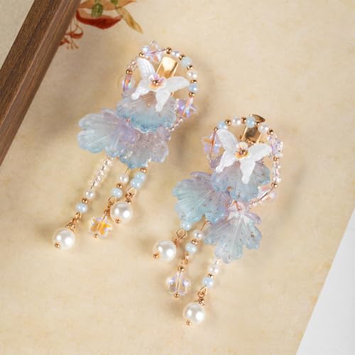 A Pair Wedding Hair Clips, Handmade Floral Design Crystal Hair Clips Pearl Barrettes, Rhinestones Flower Clips Pearl Headpieces Hair Pins Hair Accessories for Women Girls (Blue) - color: Blue