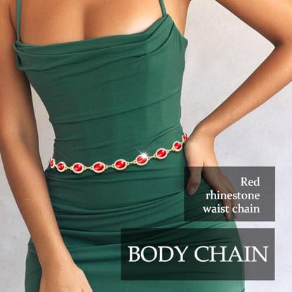 Red Rhinestone waist chain for Women Western Belt Golden Jewelry Chain - color: Red