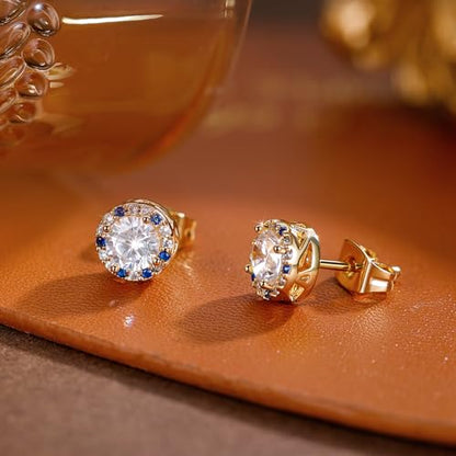 Titanium Stud for Sensitive Ears, Gold Plated Halo Cubic Zirconia Earrings - color: Round Yellow Stud