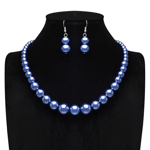 Cryshimmer Pearl Choker Necklace for Women Faux Pearl Beads Strand Necklace Earring Set Costume Jewelry,Gift for Wife Mother - color: Dark Blue