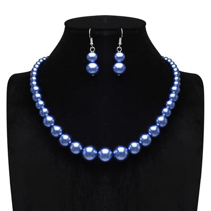 Cryshimmer Pearl Choker Necklace for Women Faux Pearl Beads Strand Necklace Earring Set Costume Jewelry,Gift for Wife Mother - color: Dark Blue