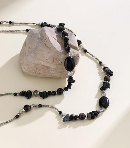 Noessla Boho Long Beaded Necklaces for Women Double Layer Chunky Irregular Stone Beads Strand Statement Jewelry Mothers Day Gifts - color: Black
