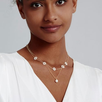 HERIER Gold Jewelry Set for Women - Dainty 14K Gold/Silver Plated Pearl Choker Necklace, Drop Earrings & Bracelets - Wedding Trendy Pearl Jewelry Gift - color: Daisy Pearl Set-Gold