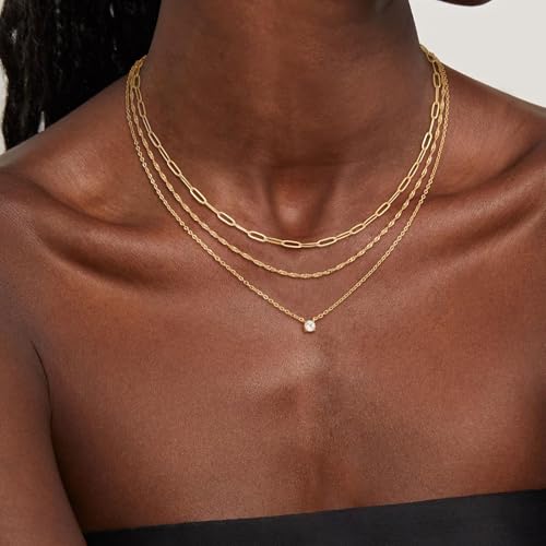 CHESKY Gold Layered Necklaces Set, 14K Gold Plated Paperclip Chain Stack | 3 Pcs Dainty Layering Necklaces, Gold CZ Pendant Necklace Trendy Jewelry Gift for Women Daily Wear - style: CZ-gold