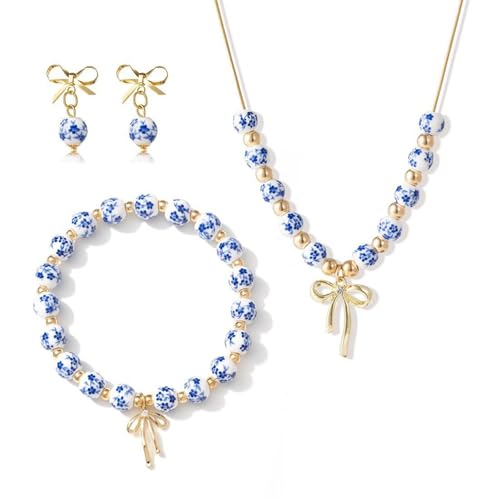 3PCS Bow Beaded Jewelry Set for Women Vintage Handmade Flower Blue And White Porcelain Enamel Ribbon Necklace Bracelet and Earrings Bow Christmas Birthday Holiday Charm Romantic Jewelry Gifts - style: Blue