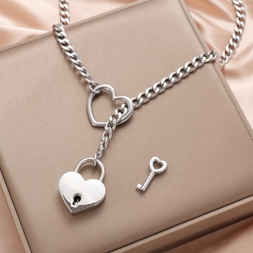 Heart O Ring Slip Chain Choker Necklace for Women Men Stainless Steel Cuban Chain Y-shape Necklaces Punk Rock Collar Adjustable Lariat Y Necklace Prom Necklaces Jewelry - color: Silver lock