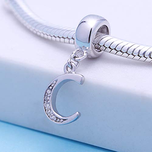 925 Sterling Silver Charms Alphabet Beads fit Pandora Charm Bracelets A-Z Letter Initial Spacer Dangle Clear CZ Stone Authentic for Snake Chain Bracelets - color: C
