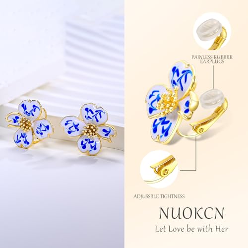 Clip on Earrings Women, 14K Gold Plated Earrings for Sensitive Ears, Fashion Women's Earrings Jewelry Birthday Gift for Wife Grandma Daughter Girls on Christmas Thanksgiving - color: Cherry Blossom Blue Marble