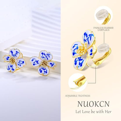 Clip on Earrings Women, 14K Gold Plated Earrings for Sensitive Ears, Fashion Women's Earrings Jewelry Birthday Gift for Wife Grandma Daughter Girls on Christmas Thanksgiving - color: Cherry Blossom Blue Marble
