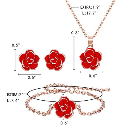 EleQueen Rose Flower Necklace Earrings Bracelet Set for Women - color: 04_Red Necklace+Earrings+Bracelet