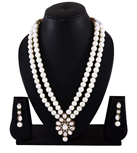 Aheli Wedding Faux Kundan Pendant Beaded Necklace Earrings Set Bollywood Indian Bharatanatyam jewellery set Gift for Women - color: White