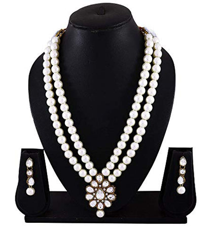 Aheli Wedding Faux Kundan Pendant Beaded Necklace Earrings Set Bollywood Indian Bharatanatyam jewellery set Gift for Women - color: White