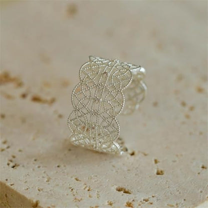 Valentines Rings for Women, Non Tarnish Chunky Wedding Ring Set, Adjustable Bohemian Statement Ring - style: Silver Wide Edge Wave Style