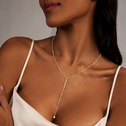 HERIER Lariat Gold Necklace for Women, Dainty Long Necklace 14k Gold Plated/Silver Y-Shaped Layered Beaded Chain Drop Necklaces for Women Trendy Simple Gold Jewelry for Women Gifts - color: Y CZ Lariat Necklace-Gold
