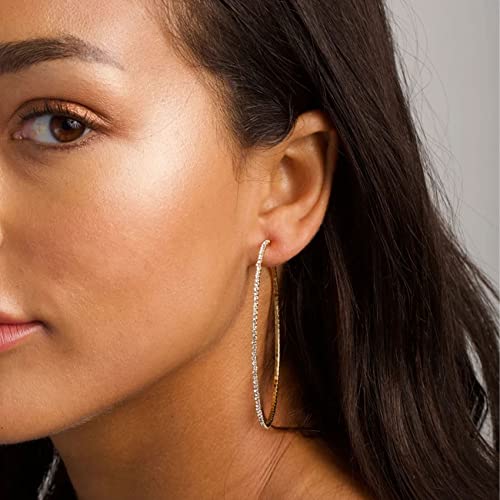 925 Sterling Silver Earrings Large Rhinestone Hoop Earrings Big Cubic Zirconia Hoop Earrings Thin Rhinestones Round Hoop Earrings for Women 20/30/40/50/60/70mm Sparkly Hoops With Crystals for Womens - color: Gold,40/50/60