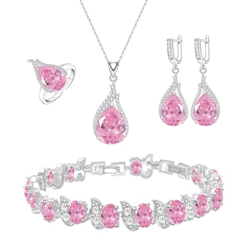 LMXXVJ Jewelry Set for Women,Teardrop Cubic Zirconia Necklace Earrings Adjustable Ring Bracelet Jewelry Set Formal Jewelry Gift - color: ZYSD-White Gold-Pink